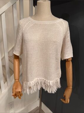 J. Crew Cream Knit Fringe-Trim Top. Size Small